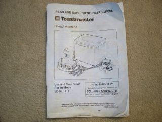 Toastmaster Model 1171 Breadmaker Instruction Manual Recipe Book