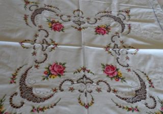 TB99 Vtg Linen Hand Embroidered Bridge Tablecloth 48 Square Point de 