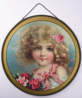 Frances Brundage Original Old Framed 1900 Flue Cover Blonde Girl Roses 