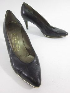 BRUNO MAGLI Black Leather Gold Tone Trim Pointed Toe Pumps Heels Size 