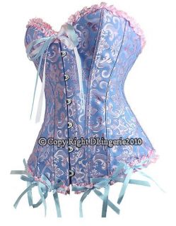 Burlesque Blue Brocade Lace Up Corset G String Size M