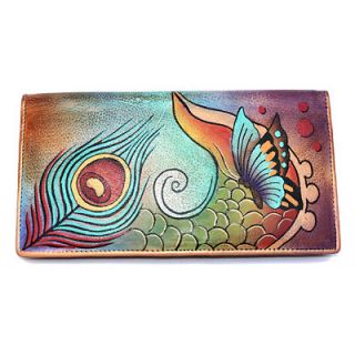 Anuschka Slim BiFold Wallet Hand Painted Leather Butterfly Feather 