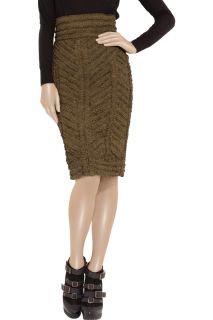 Burberry Prorsum Flax Green Ruched Ribbon Leather Pencil Skirt Size 42 