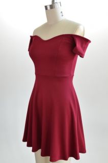 50s Style Burgundy Off The Shoulder Pinup Skater Dress with Full A 