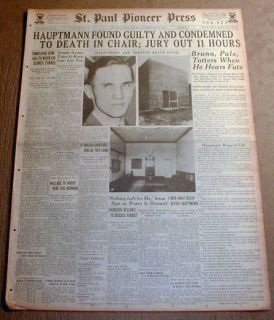   newspaper Lindbergh Baby Kidnapping HAUPTMANN GUILTY Death Sentenc