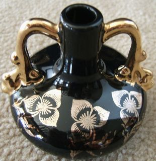 Vintage Swetye Pottery Black Bud Vase with Gold Flowers and Handles 