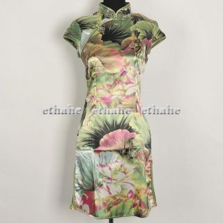 Chinese Elegant Lotus Print Slim Fit Cheongsam Mini Dress Green M Sz 