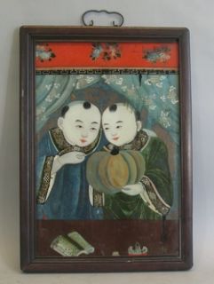 Fine 19th C Chinese Reverse Glass Painting of Young Twin Boys C 1870 