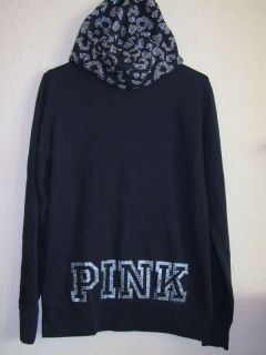 Victorias Secret Pink Zip Hoodie Black w Silver Foil Studs Oversized 