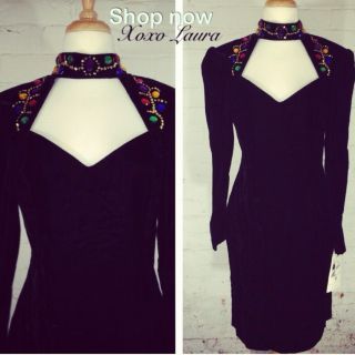 Vintage Dress Black Velvet With Multi Color Jewels Glitter Avant Garde 