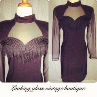 Vintage Sweater Dress Sheer Sleeve Fringe Avant Garde Goth Holiday 