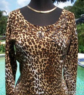 Cache $118 Stretch Knit Embellished Animal Top M L XL Banded Bottom 