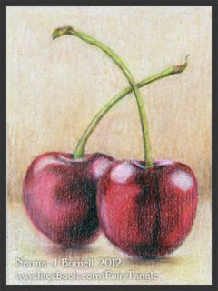 ACEO Original Sketch Card Color Pencil Still Life Painting 2 Cherries 