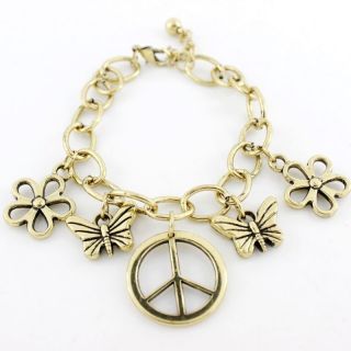 New Gold Tone Peace Sign Butterfly Flower Bracelet