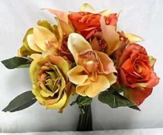 12 in Rose Calla Lily Bouquet ORANGE YELLOW Silk Flowers Artificial 