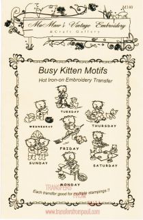 Busy Kitten Motifs for Days of The Week Hot Iron Embroidery Transfers 