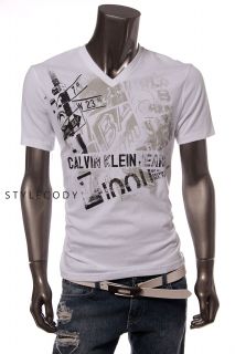 Calvin klein jeans mens v neck graphic print t shirt white size M