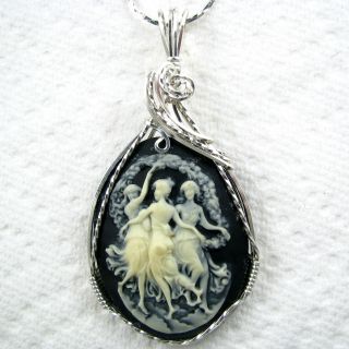 Three Dancing Graces Muses Cameo Pendant Sterling Silver Jewelry