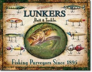 Vintage Lunkers Fishing Lures Bait Tackle Tin Sign Cabin Decor