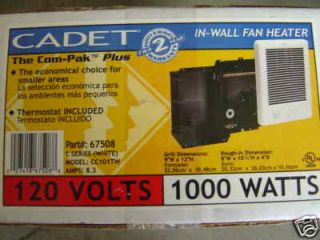 CADET CC101TW IN WALL HEATER CSC101TW THE COM PAK PLUS IN WHITE