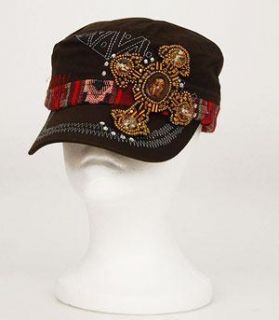   Brown Aztec Print Fancy Beaded Cross Rhinestone Cadet Cap Hat