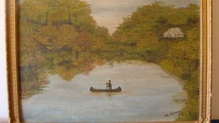 Vintage Camping Canoeing Signed Lillie McIntosh Framed Oil Painting on 