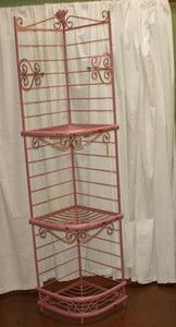 Vintage French Iron Bakers Corner Cabinet Rack Shelf Unit Painted Pink 