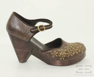 Calleen Cordero Brown Crackled Leather & Floral Embellished Mary Jane 