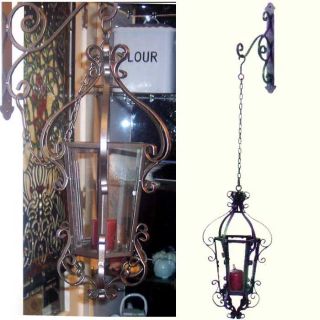 iron hanging candle lantern with hanging bracket in a black antique 