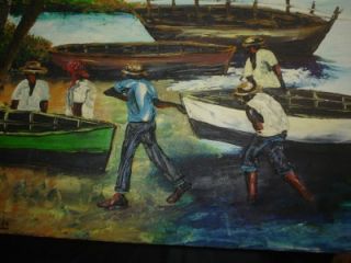   Vintage Oil Painting Island Scene Canoes and People Gorgeous