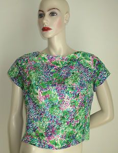 50s Vintage Green Purple Impressionist Silk Cap Sleeve Crop Blouse Top 