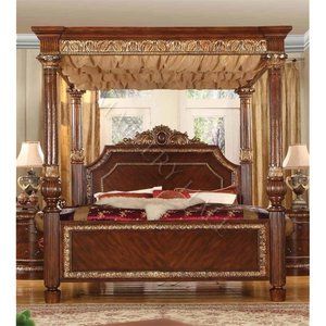 Grand Castle Fabric Wave Canopy Queen Bed Cherry w Gold Accents Poster 