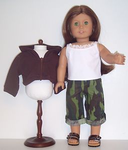 DOLL CLOTHES FITS AMERICAN GIRL CAMO CAPRIS,WHITE CAMISOLE,& BROWN 