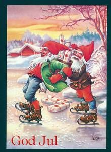 B7311 Swedish Postcard Carlsson Gnome Skates Snow
