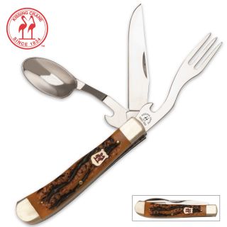   Amber Jigged Bone Handle Camp Hobo Tool Fork Pocket Knife Spoon