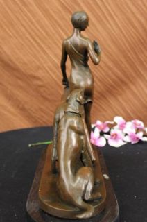 Signed Canova Lovely Lady Walking Her Dogs Bronze Art Nouveau Marble 