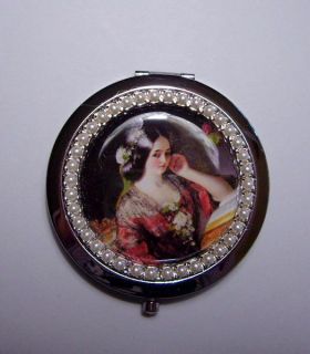 Victorian Lady Pearls Pocket Mirror Compact 2 75 Wide Silvertone Push 