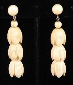 Hawaii Carved Faux Ivory Pikake Flower Necklace Earring