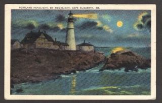   Headlight by Moonlight Cape Elizabeth Maine Vintage Postcard