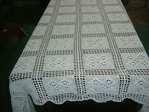 Vintage Hand Crocheted Throw Or Tablecloth Filet With Reverse Flowers 