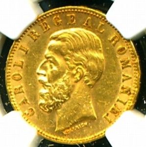 1890 B Romania Carol I Gold Coin 20 Lei NGC Cert AU 53 Graceful Scarce 