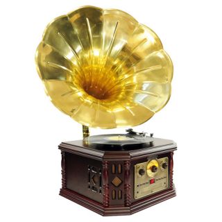   Vintage Phonograph Horn Turntable CD Cassette AM FM Aux USB to PC Rec