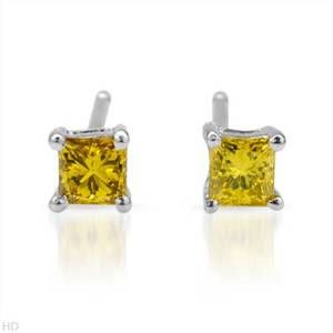 Canary Yellow Diamond 10K White Gold Stud Earings 1 5 Caret