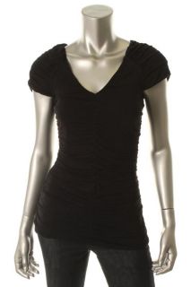 Casual Couture New Black Jersey Ruched Cap Sleeves V Neck Casual Top 