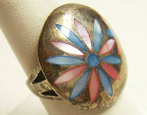 Vintage Sterling 925 Silver Multicolored Mother of Pearl Flower Ring 
