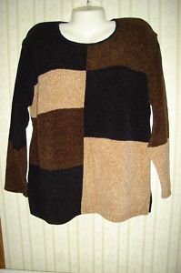 Sz L G Carolyn Taylor Black Brown Tan Chenille Sweater