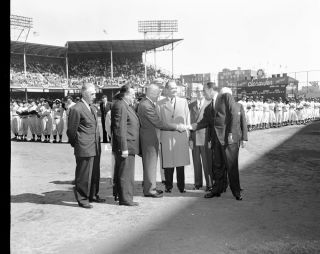 1956 4x5 Negative Dwight Eisenhower Meets Dan Toppins at Ebbets Field 