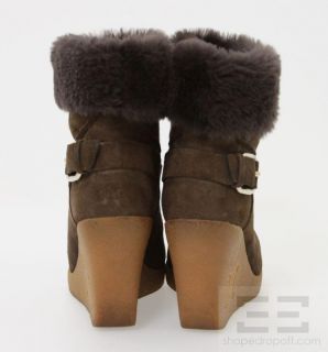Celine Brown Shearling Rounded Toe Wedge Ankle Boots Size 35