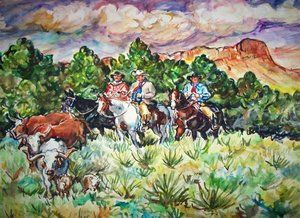   WESTERN PAINTING Cowboy Horse Cattle Cowhand Drive Desert Southwest WC