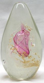 Large Hand Blown Glass Paper Weight Silver Gold Pink Center Vintage 